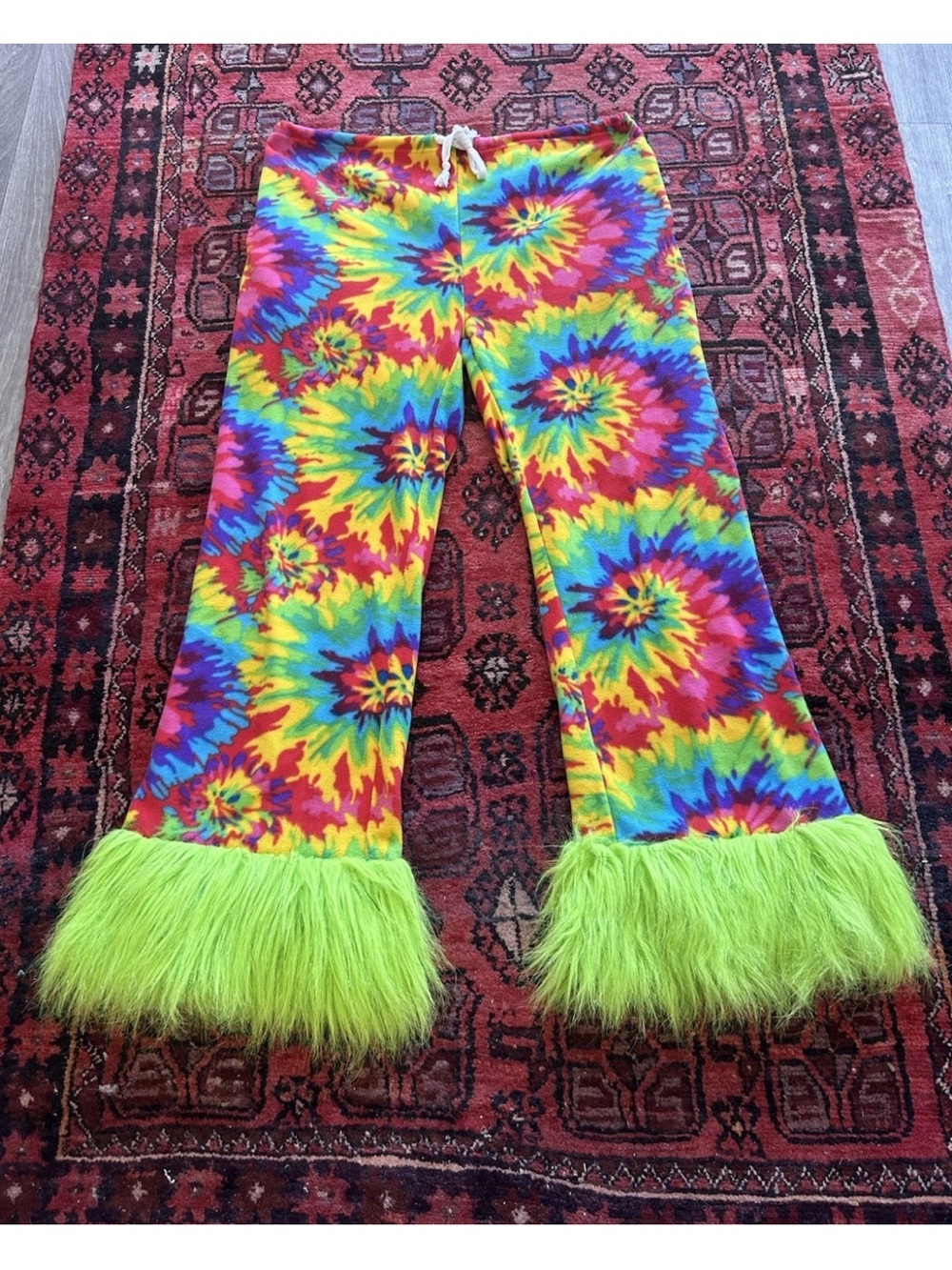 Grandma Pants Tie Dye Faux Fur Bell Bottom Festival Rave Pants L Burning Man - Picture 3 of 14